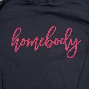 Thin hoodie with pink HOMEBODY vinyl. Navy. Size XL.